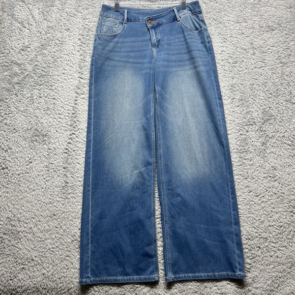 HALARA Pants - Halara Asymetrical Wide Leg Jeans Small Tall Blue Stretch Faded Baggy